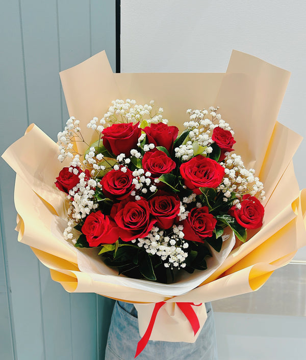 premium Red roses with baby's breath